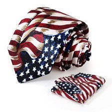 Men's American Flag Tie Set 3.27" 8.3CM USA Flag Neckties and Pocket Honor