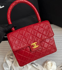 CHANEL Vintage Kelly Top Handle Diamond Pattern Handbag Red Gold Women Classic