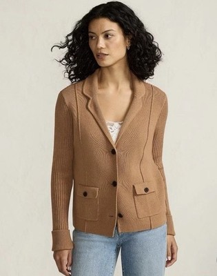 Lands' End Women Camel Drifter Ribbed Collared Blazer Cardigan Small Petite $99