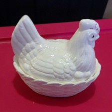 White Ceramic Hen on Nest Covered Dish with Lid, Glossy Animal Theme