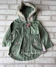 NWT Little Lass Girls Green Floral Embroidered Faux Fur Hooded Jacket Size 12M
