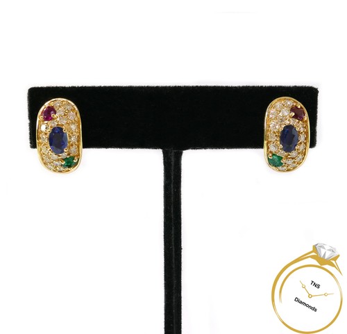 Pave Diamond Sapphire Ruby Emerald Oval 14k Yellow Gold Omega Clasp Earrings