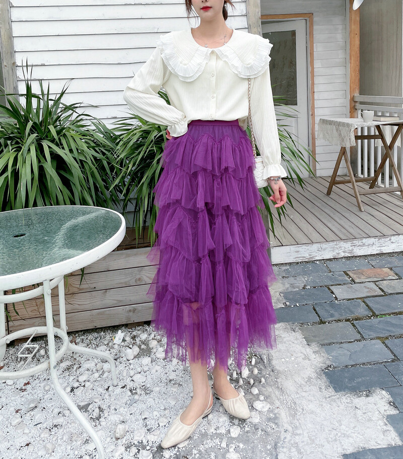 スカート Side ribbon tulle long skirt(eme10468) Women's Ruffle Hem Fairy Tulle Causal Elastic Waist Long Skirts | eBay