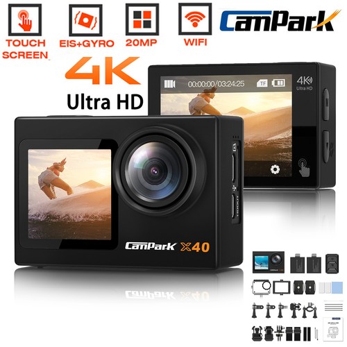Campark 4K 20MP WiFi Action Camera Dual Screen Vlogging Camera EIS Waterproof US