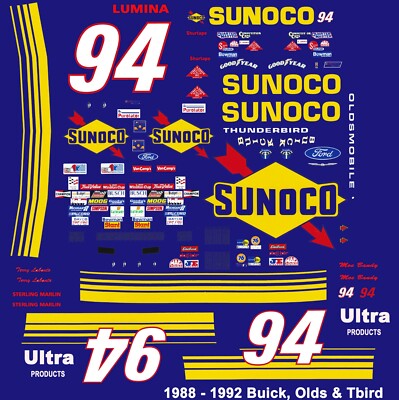 #94 Terry Labonte Sunoco Olds 1988-92 1/24th Scale Nascar Waterslide Decals