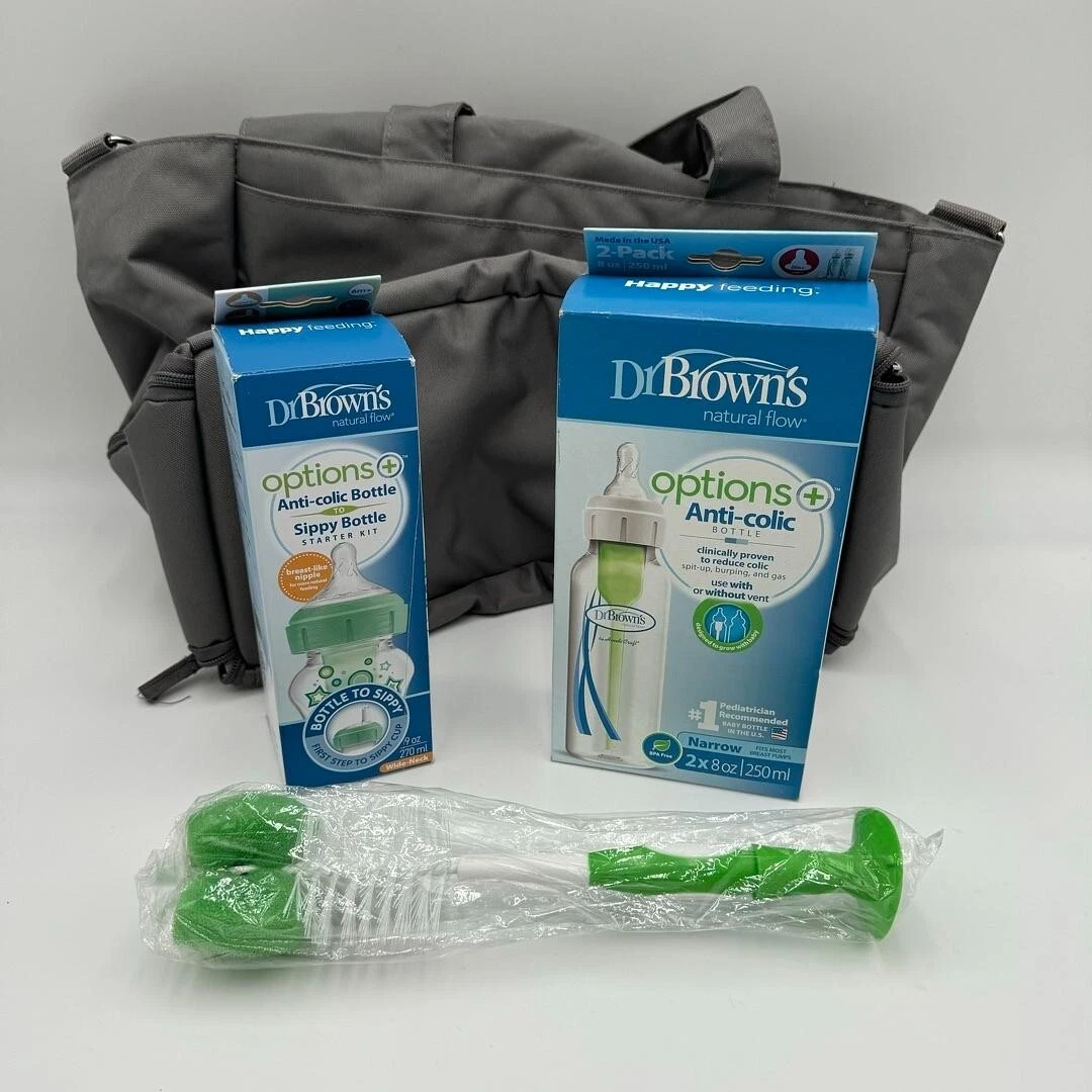 Dr. Brown’s 5pc Baby Bottle Set - Anti-Colic & Sippy Bottles, Brush & Diaper Bag