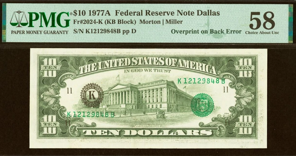 1977A $10 Federal Reserve Note Dallas PMG 58 overprint on back error - Image 2 of 3