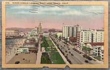 Vintage Linen Postcard Street Scene Ocean Avenue Long Beach California 1942 WWII