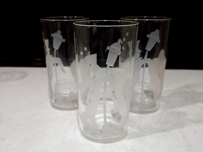 SET OF 3- MCM Etched Drunk Man at Lightpost Elephant Funny Tumbler Glasses