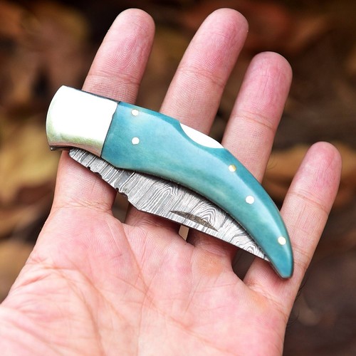 Custom Handmade Damascus Steel Folding Blade Pocket Knife Camel Bone Handle-Blue - Picture 5 of 6