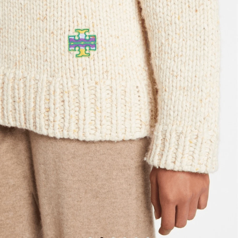 Abito maglione cappuccio Tory Burch maculato lavorato a mano lana cotone panna taglia M