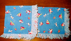 2 Vintage 1940's-50's? Child's Blue Novelty Cotton Cloth Fringed Napkins, 8" sq.