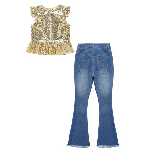 Girls 2Piece Sparkly Sequins Crop Top with Ripped Flared Jeans Pants Outfit - Picture 14 of 57