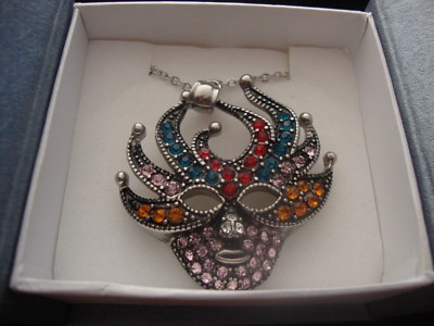 J295 Red Blue & Pink Austrian Crystal Masquerade Pendant W/Chain (32 in)