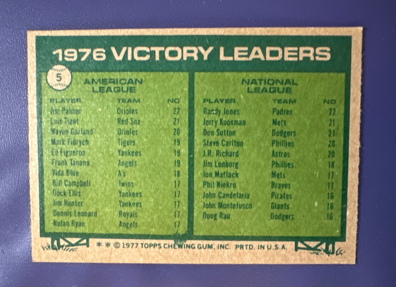 1977 TOPPS 5 1976 VICTORY LEADERS JIM PALMER/ RANDY JONES *FREE
