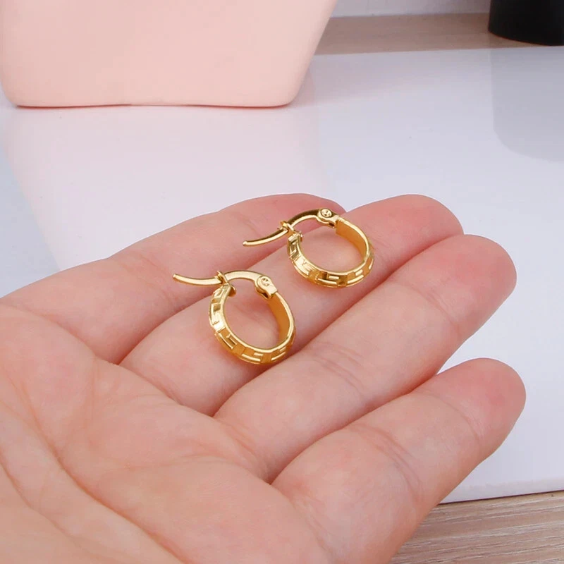 NEW VERY SMALL GREEK KEY ROUND HOOP EARRINGS GOLD STAINLESS STEEL LEVER  BACK