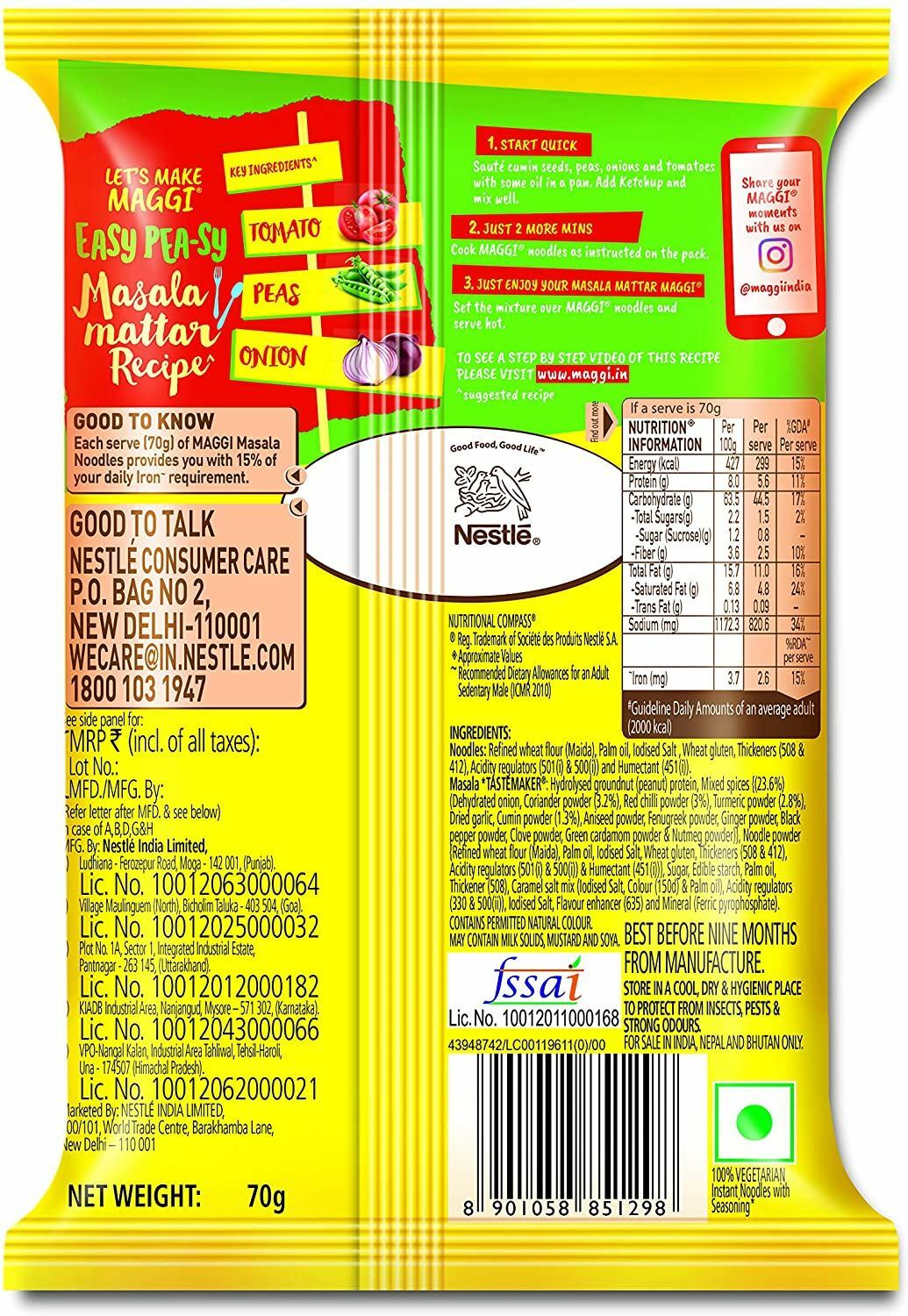 Maggi - 2 Minute Masala Noodles - 70g - (pack of 6) 5028881497820 | eBay