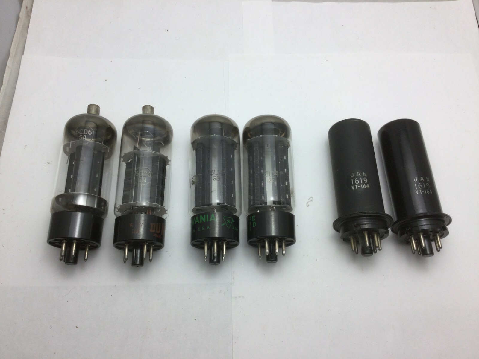 Lot of 6 Vintage Electronic Vacuum Tubes 5U4GB (2), 6CD6GA (2), International Society of