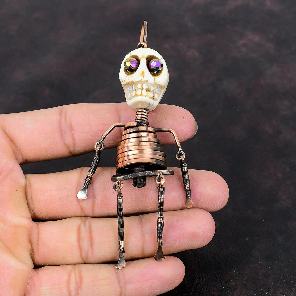 Cobre Howlita Piedra Titanio Cuentas Alambre Envuelto y Cara de Calavera Colgante Joyería Foto 3 de 4