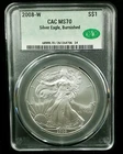 2008 W BURNISHED S$1 American Silver Eagle CAC MS70 #7429