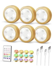  Puck Lights with Remote,2000mAh Rechargeable Tap Light,RGB Display 6 Pcs Gold