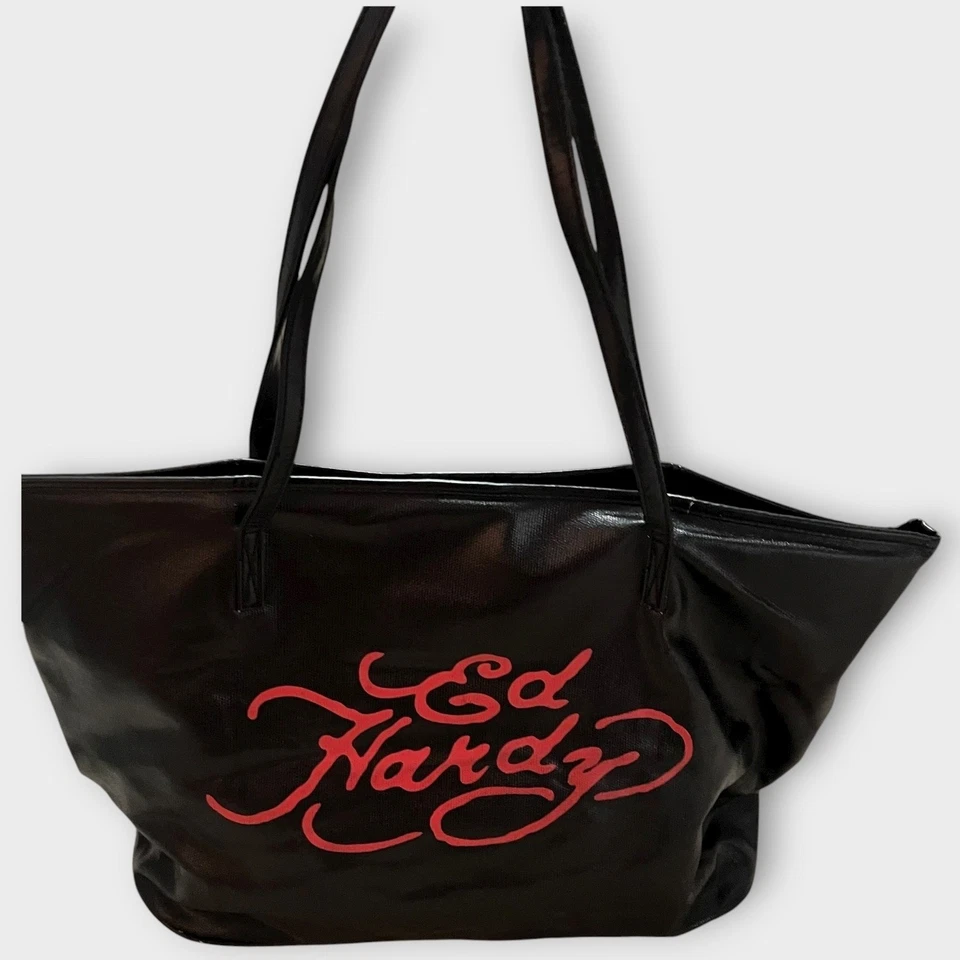 Bolsa tote Ed Hardy vintage preta tatuagem coração amor verdadeiro bolsa de ombro gráfica rara - Imagem 2 de 4