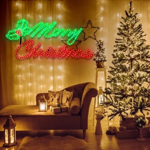 Веселый рождественский световой знак 49 x 26 дюймов 630 светодиодов большой рождественский зеленый и ягодный - Изображение 2 из 4