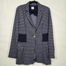 CAbi Academia Office BLUE Checked Knit Ribbed Waist Golden Buttons Blazer Size M