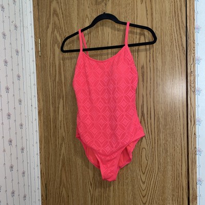 Catalina Coral Pink Crochet Mesh Net One Piece Swimsuit Swim  Size L 12/14