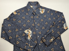 Vintage 70s Japanese Print Polyester Button Down Navy Shirt Novelty