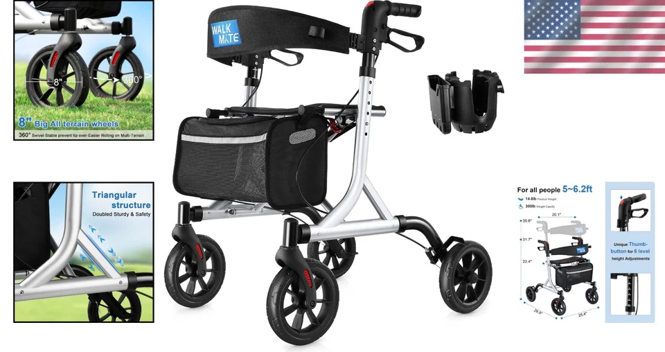 Andador Andador Plegable Plateado con Ajuste de Altura y Portavasos para Personas Mayores Foto 2 de 4