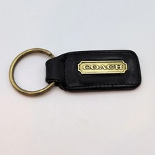 Vintage COACH Brass Logo Black Leather Keyring Bag Charm Hangtag Fob 3.4in