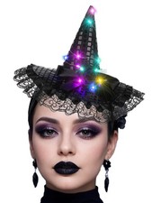 Light Up Halloween Headband Women Black Witch Hat Gothic Lace Flower Headpiece