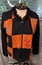 Vtg 90s Novelty Spooky Cat Berek Hand Knit Embroidered Zip Sweater Cardigan M