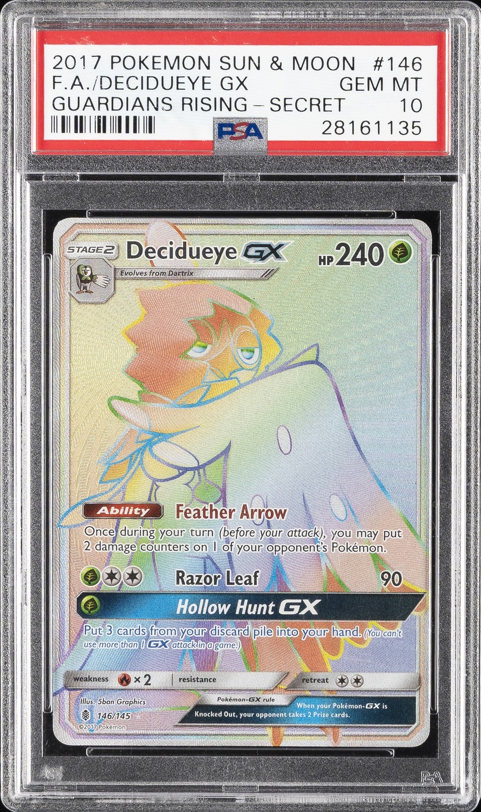 2017 POKEMON SUN & MOON GUARDIANS RISING SECRET FULL ART/DECIDUEYE GX PSA 10