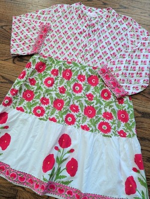 Mary Marshmallow White Floral Dress Sz L/XL Boho Prairie Flowy Roll Tab Slv 