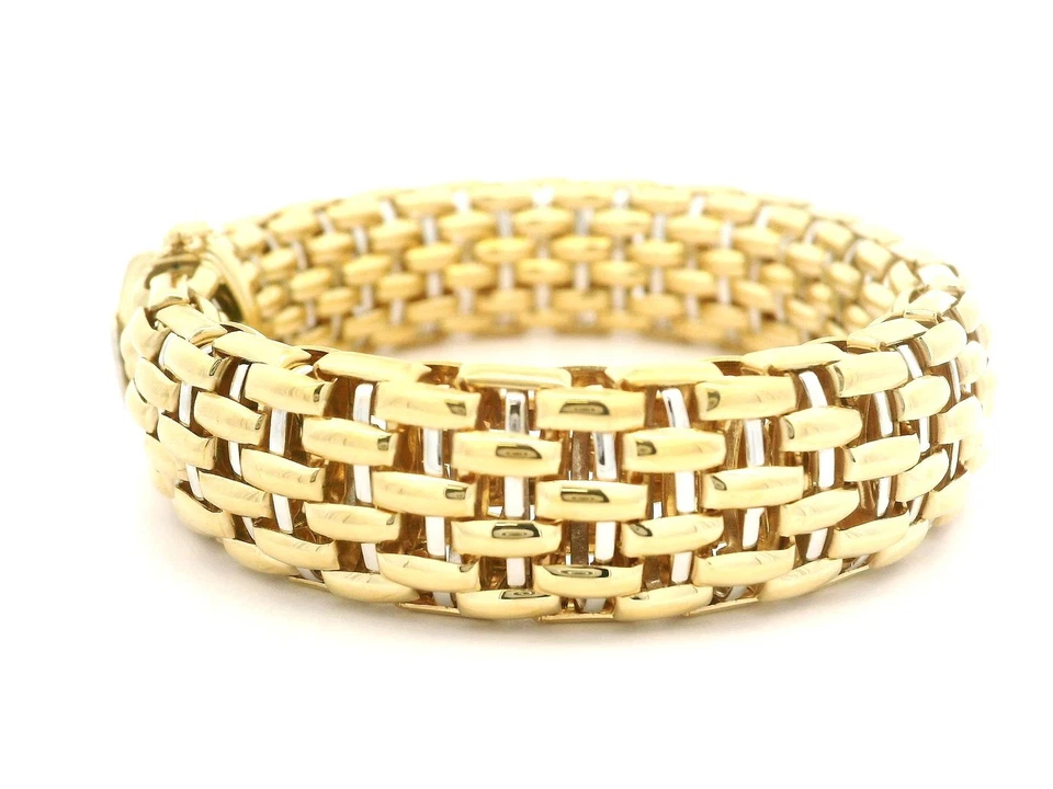 Elegante pulsera de eslabones FOPE de oro amarillo y blanco de 18k con patrón de ladrillo ancho inflado Foto 3 de 4