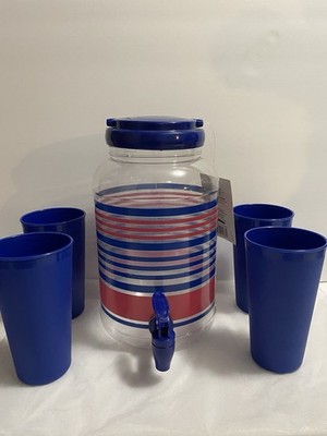 Sun Tea Patriotic Jar 1Gal & Tumbles 20oz Of Stripes Blue/red Set Of 5 Pcs New
