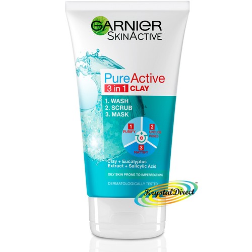 Garnier Pure Active 3 in 1 Clay Face Wash Scrub Mask Oily Skin 150ml