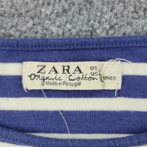Zara Shirt Girls Large Blue Striped Boat Neck 3/4 Sleeve Organic Cotton Stretch - Picture 12 of 13