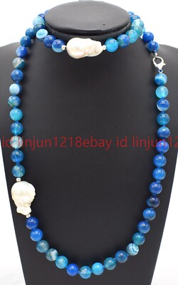 8 mm Blau Gestreift Achat Rund Weiß Barock Perlen Halskette Armband 16-32/7,5 Zoll