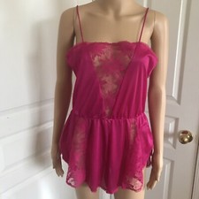 VTG 70s Alana Gale Dark Hot Pink Lace Romper Playsuit Teddy Nylon Size M
