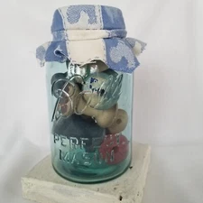 Blue Ball Mason Jar w/Wooden Thread Spools -Farmhouse Country Home Decor