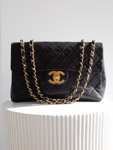 Chanel Vintage Black 24K Gold Quilted Lambskin Jumbo XL Maxi Classic Flap Bag