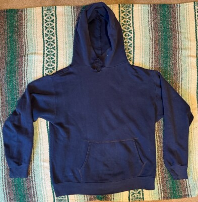 Vintage 1950s 1960s Navy Blue Hoodie Distressed Boxy Cotton Sweatshirt  - Main Image