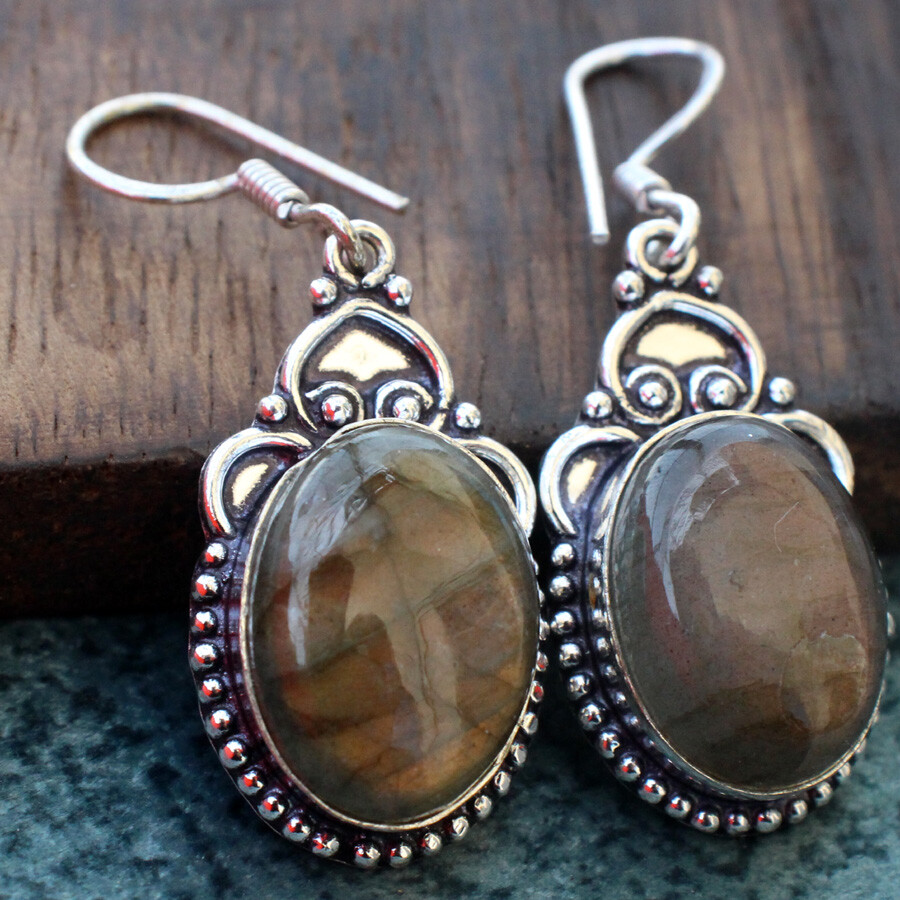 925 Silver Plated Fiery Labradorite Ethnic Earrings Jewelry Size 1.8