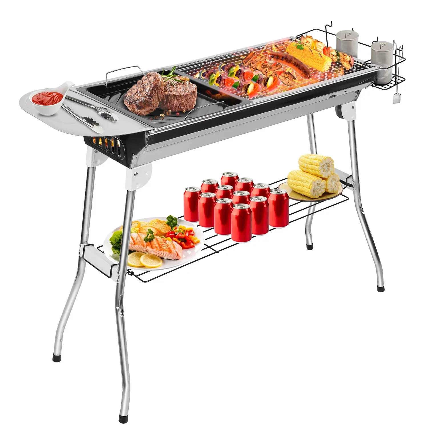 Portable Charcoal BBQ Grill Folding Stainless Steel Camping Yard Tailgating Cook