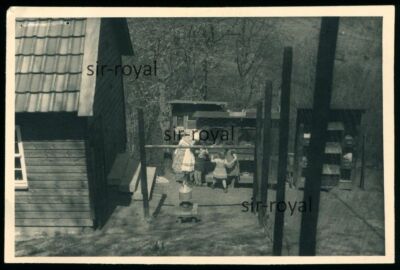Children with Mother at Rabbit Hutch - 1930s - Photo 9x6cm