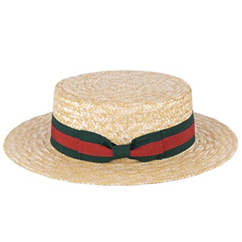 ZAKIRA Classic Straw Boater Hat Handmade from Natural Medium, Greenred