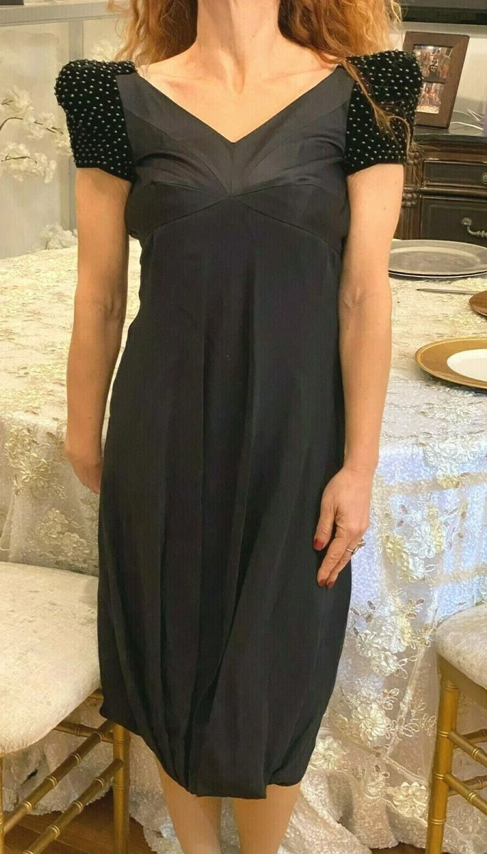 VINTAGE GIANFRANCO FERRE BLACK SILK DRESS VELVET STUD SHORT PAGODA